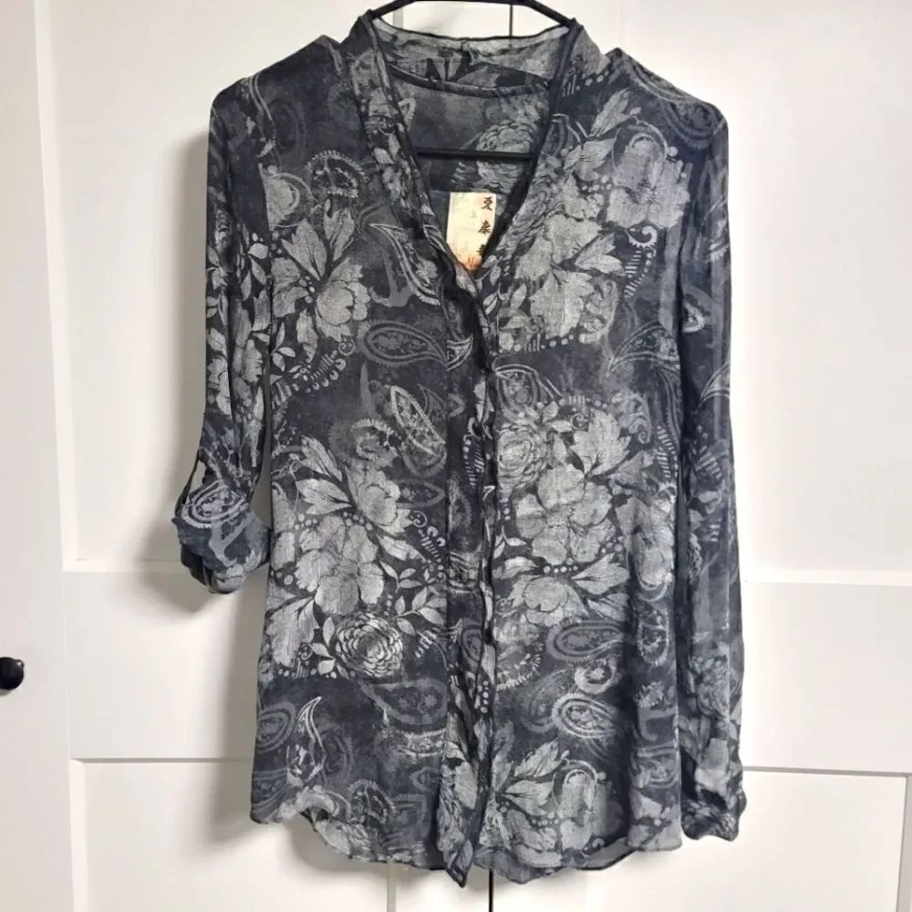 Da-Nang silk button-down sheer long sleeve, xs